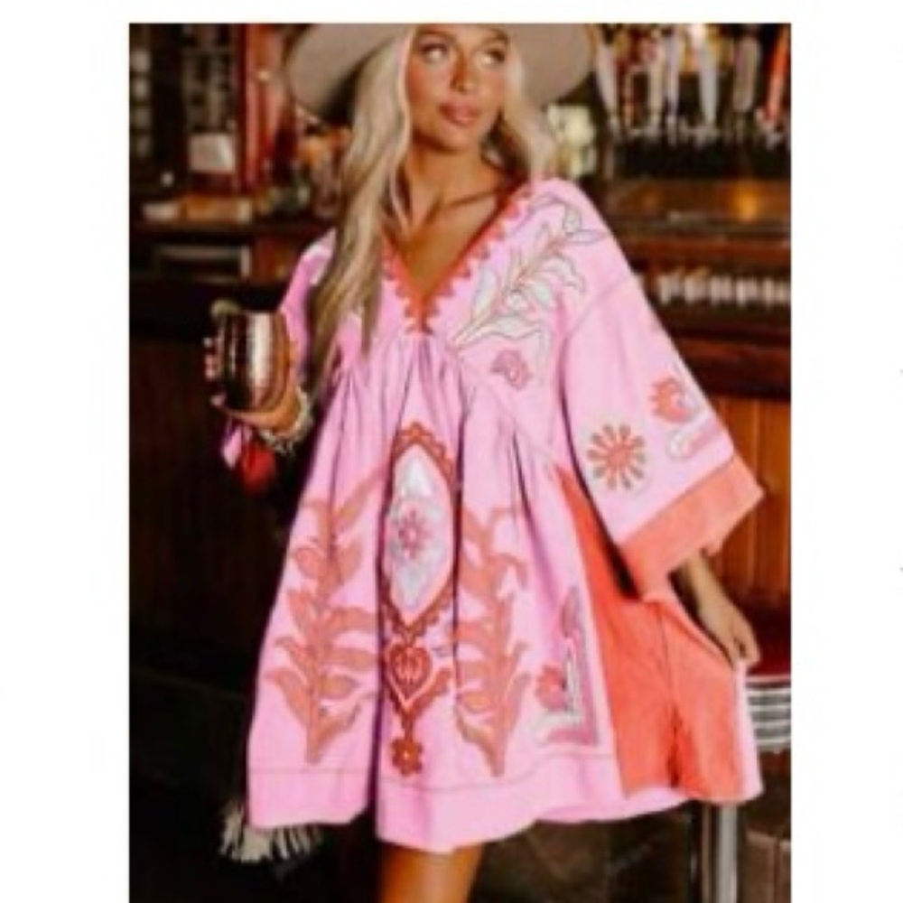 Pink Embroidered Boho Dress